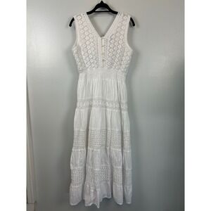 Nation AK Boho Crochet Lace Maxi Dress Medium Beach Wedding White Smocked Resort